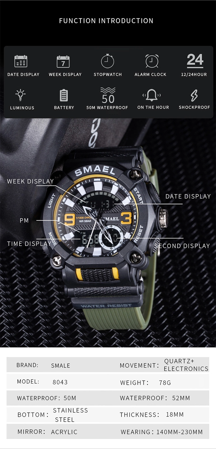 Rubber Strap Water Resist Chrono in Stock Sports Reloj Watchsmael 8052 Army Green Sports Watch Relogio Masculino Dual Display